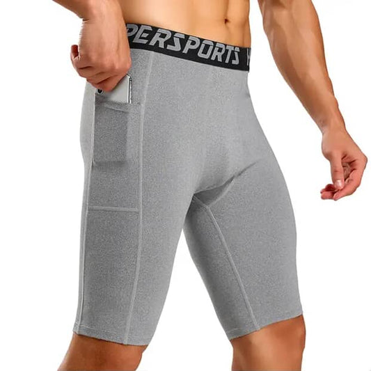 Short de Compressão Masculino Esportivo Cinza – Com Bolso Embutido e Proteção UV